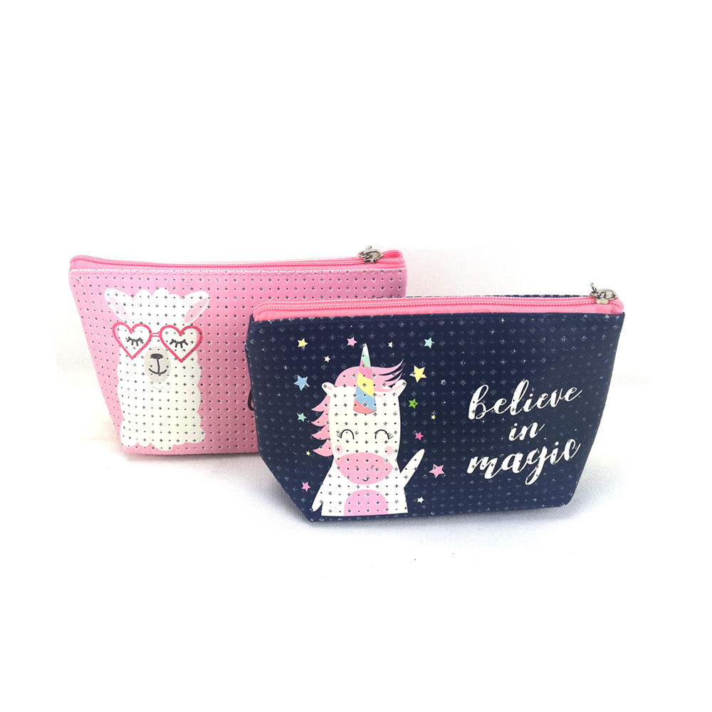 new design punched PU leather cosmetic bag with cartoon printing